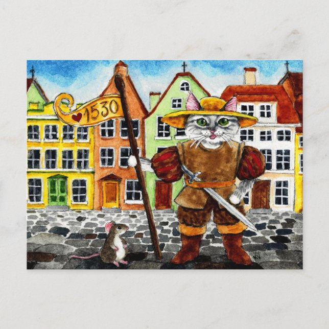 Postal folklórica estonia de gato (Anverso)