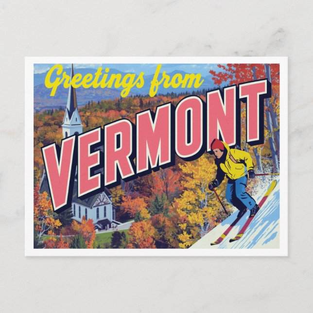 Postal Follaje de Otoño Esquí Iglesia en Vermont (Anverso)