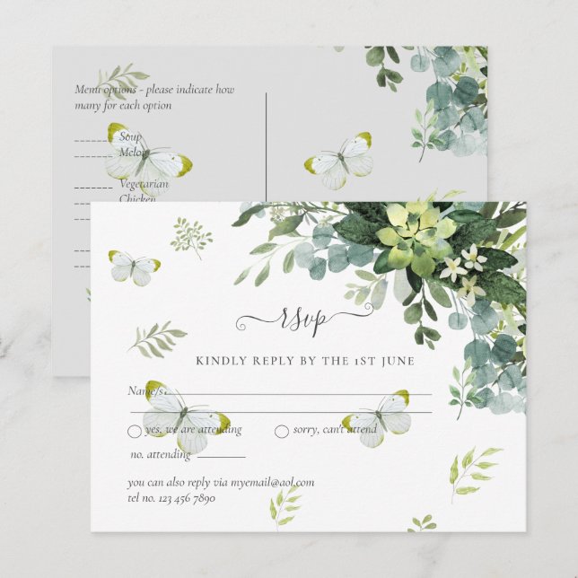 Postal Follaje Elegante de Verde RSVP de Boda (Anverso / Reverso)