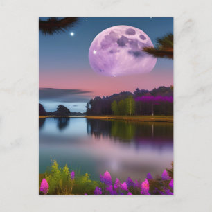 Postal Follaje morado Luna y lago pacífico