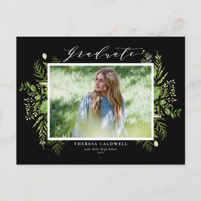 Postal Follaje Salvaje Acuarela Negro Foto Graduación  (Anverso)