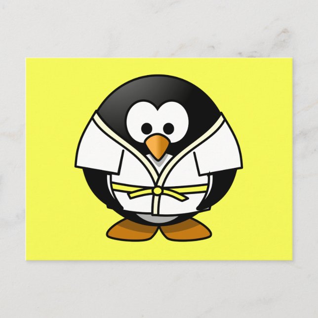Postal Fondo amarillo personalizado Judo Pingüino (Anverso)