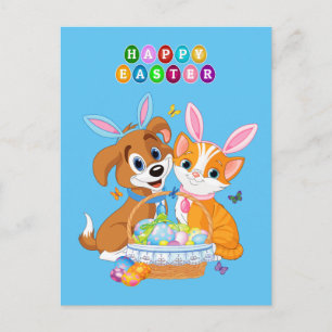 Postal Fondo animado de perros y gatos de Pascua