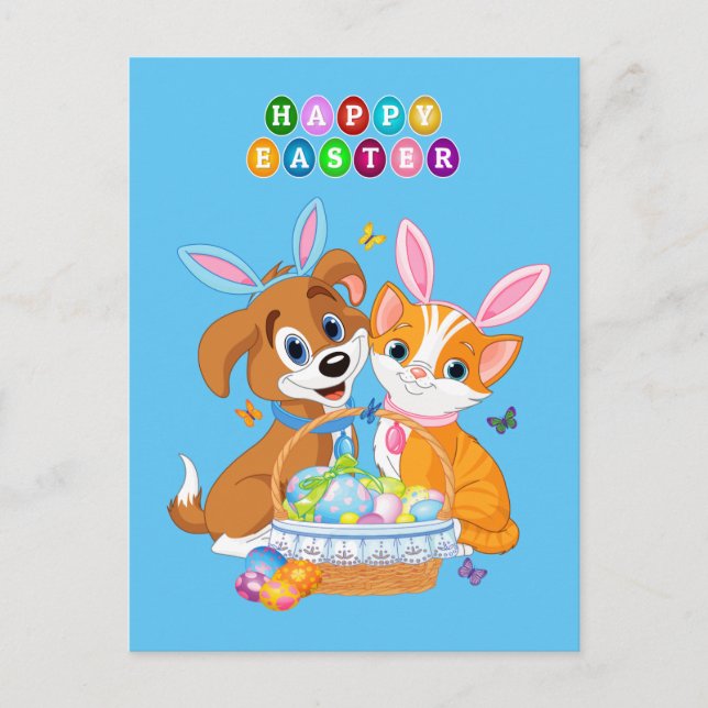 Postal Fondo animado de perros y gatos de Pascua (Anverso)