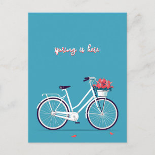 Postal Fondo azul de las flores rosadas de la bicicleta b