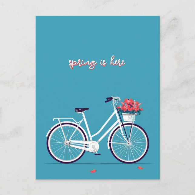 Postal Fondo azul de las flores rosadas de la bicicleta b (Anverso)