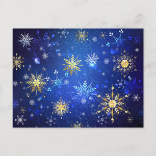 Postal Fondo azul de NAVIDAD con copos de nieve dorados