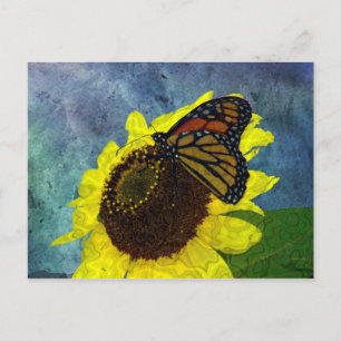 Postal Fondo azul mariposa y girasol