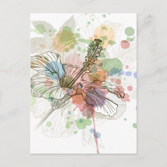 Postal Fondo de flores y acuarelas de Hibiscus (Anverso)