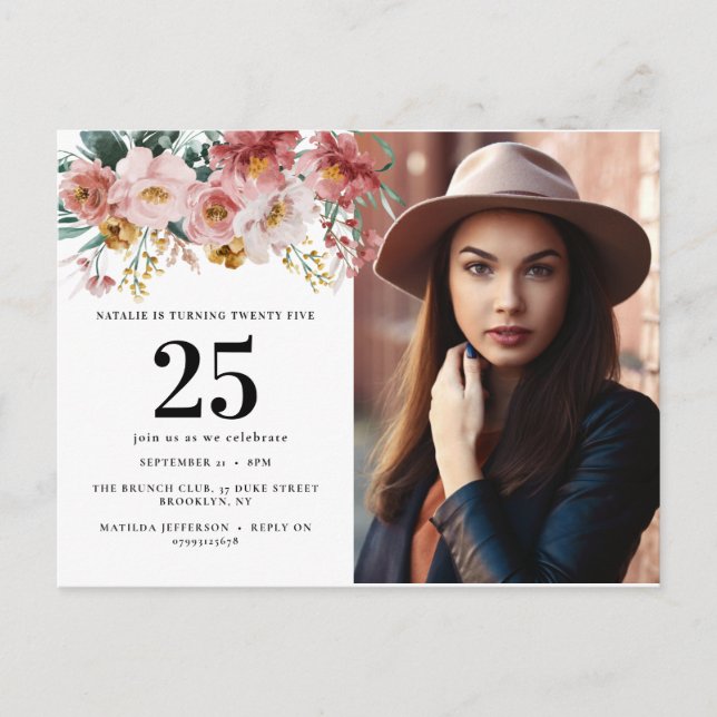 Postal Fondo editable de foto de cumpleaños floral en acu (Anverso)