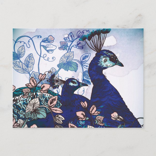 Postal Fondo floral con pavos reales (Anverso)