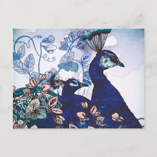Postal Fondo floral con pavos reales