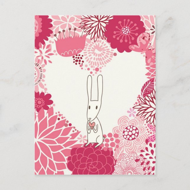 Postal Fondo floral romántico con conejo lindo (Anverso)