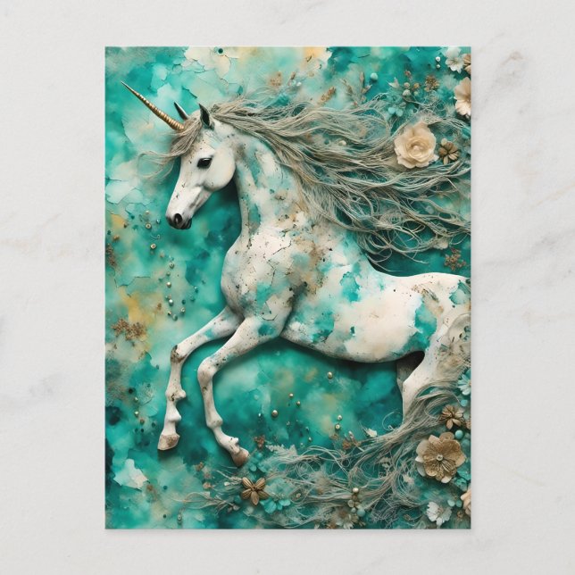 Postal Fondo Verde azulado mágico de Unicornio blanco (Anverso)