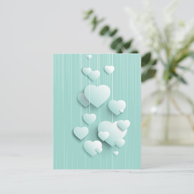 Postal Fondo verde claro con corazones blancos 3D (Anverso de pie)