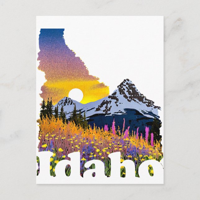 Postal Forma de Idaho con flores silvestres y de montaña (Anverso)