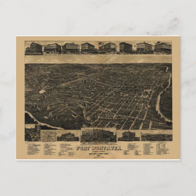 Postal Fort Worth, Texas Birds Eye View 1886 (Anverso)