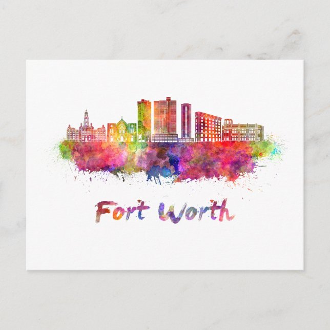 Postal Fort Worth V2 Skyline en acuarela (Anverso)