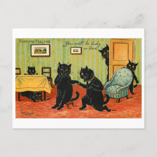 Postal Fortuna vintage que cuenta a gatos negros con suer