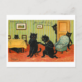 Postal Fortuna vintage que cuenta a gatos negros con suer