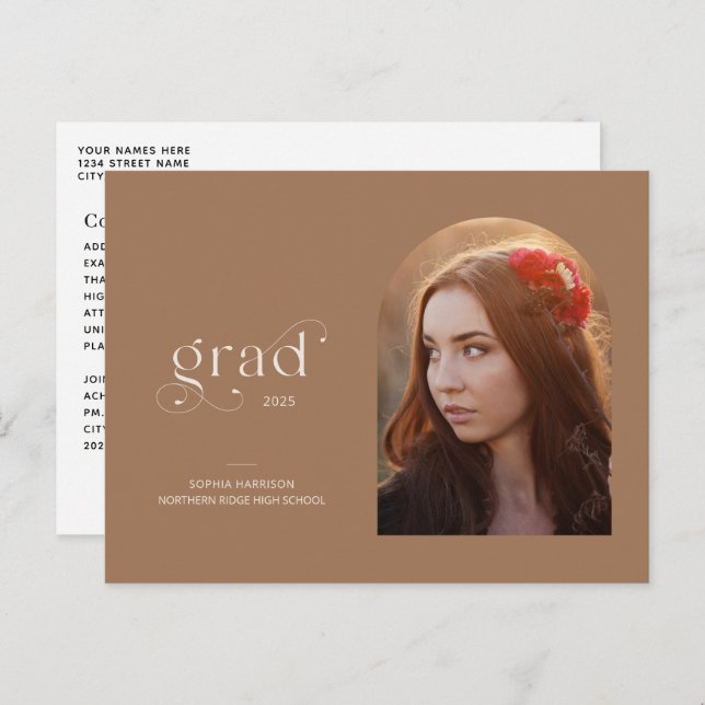 Postal Foto Arch Earthy Brown Graduación 2025 (Anverso / Reverso)