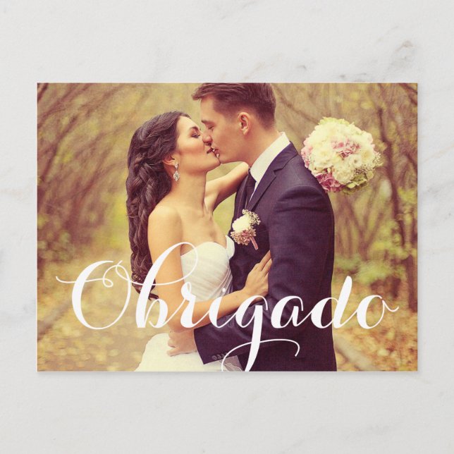 Postal Foto Boda de Obrigado Elegante con escritura blanc (Anverso)