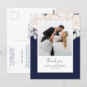 Postal Foto boda Elegante Gracias Azul De La Marina