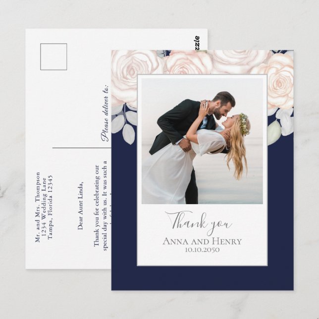 Postal Foto boda Elegante Gracias Azul De La Marina (Anverso / Reverso)