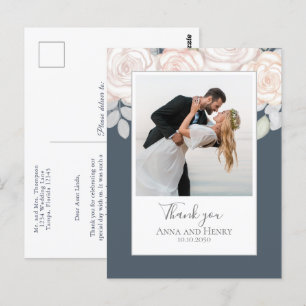 Postal Foto boda Elegante Gracias Gris Floral