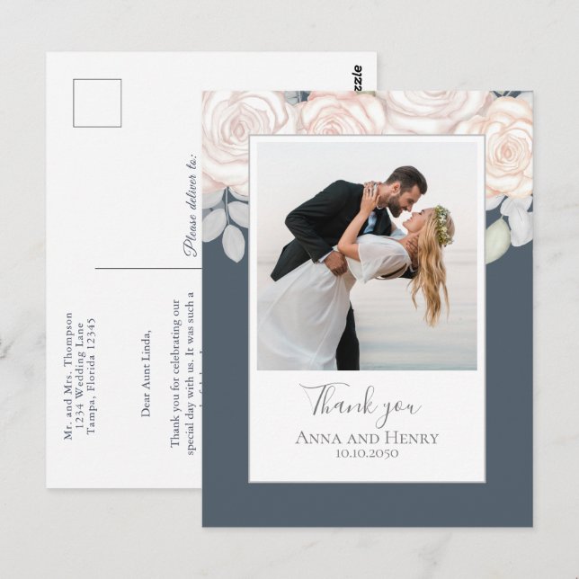 Postal Foto boda Elegante Gracias Gris Floral (Anverso / Reverso)