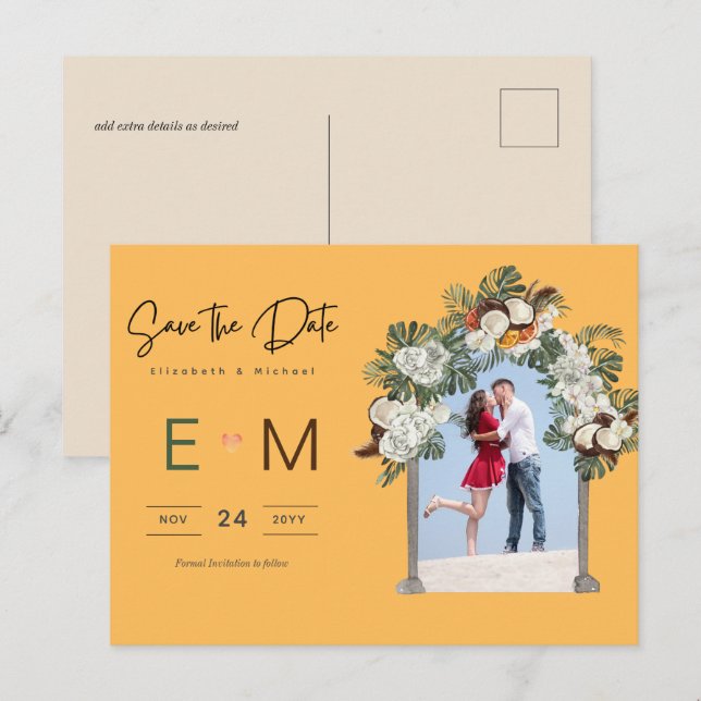 Postal Foto Boda Guardar Fecha Floral Tropical Amarillo (Anverso / Reverso)