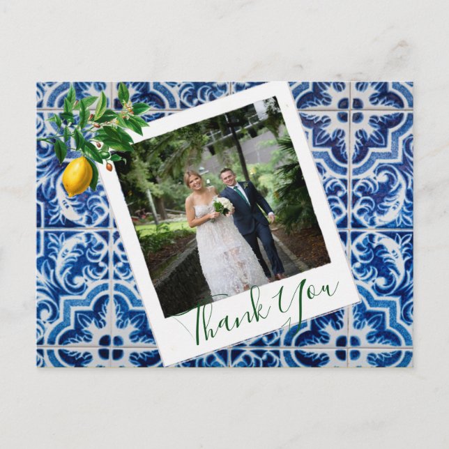Postal Foto boda Lemon Blue Tile Elegant Gracias (Anverso)