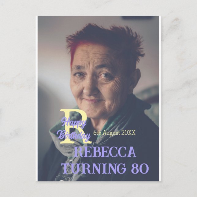 Postal Foto cumpleaños 80 añadir nombre fecha moderno púr (Anverso)