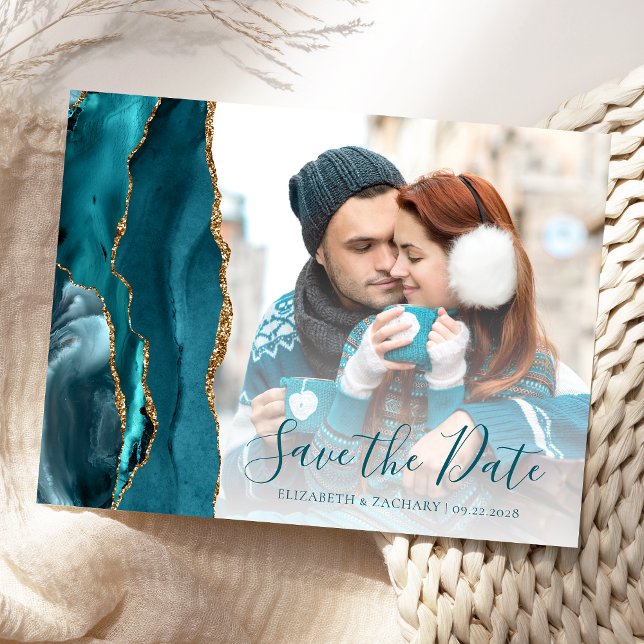 Postal Foto de Ágata Teal Gold Save the Date (Subido por el creador)