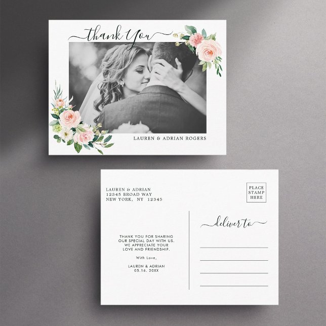 Postal Foto de agradecimiento de boda Blush Pink Bloom (Front & Back)