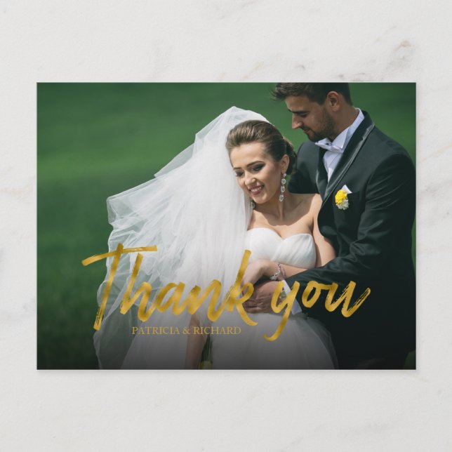 Postal Foto de agradecimiento de boda con lámina de oro e (Anverso)