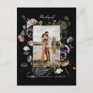 Postal Foto de agradecimiento de boda floral oscura y tem