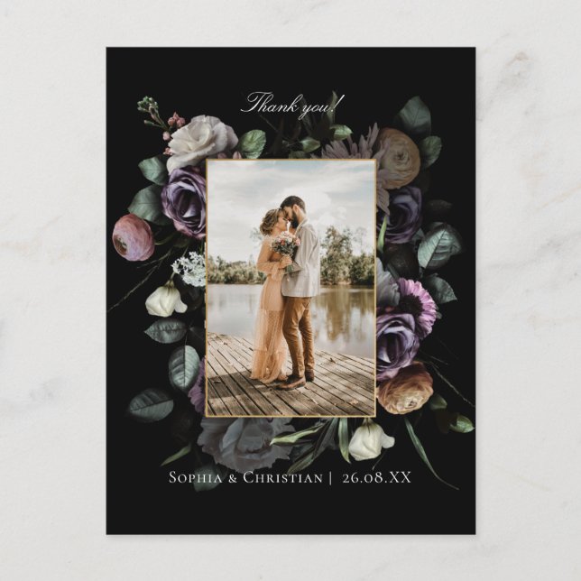 Postal Foto de agradecimiento de boda floral oscura y tem (Anverso)