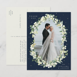 Postal Foto de agradecimiento de boda Navy Snowberry + Eu