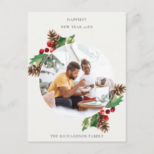 POSTAL FOTO DE AÑO NUEVO DE RED GREEN HOLLY BERRY PINE CO