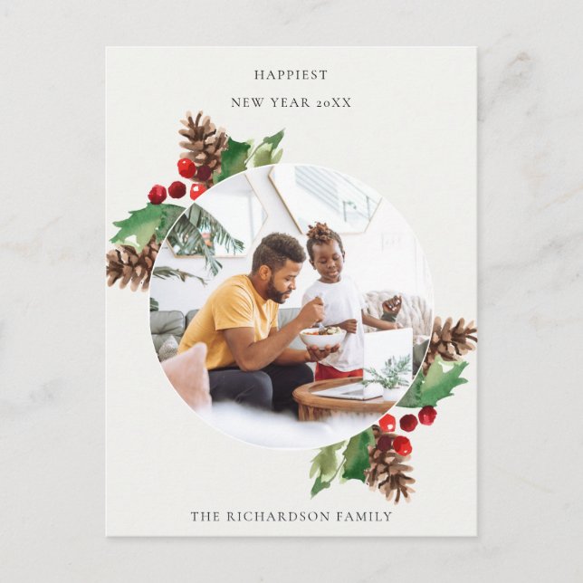 POSTAL FOTO DE AÑO NUEVO DE RED GREEN HOLLY BERRY PINE CO (Anverso)