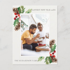 POSTAL FOTO DE AÑO NUEVO DE RED GREEN HOLLY BERRY PINE CO