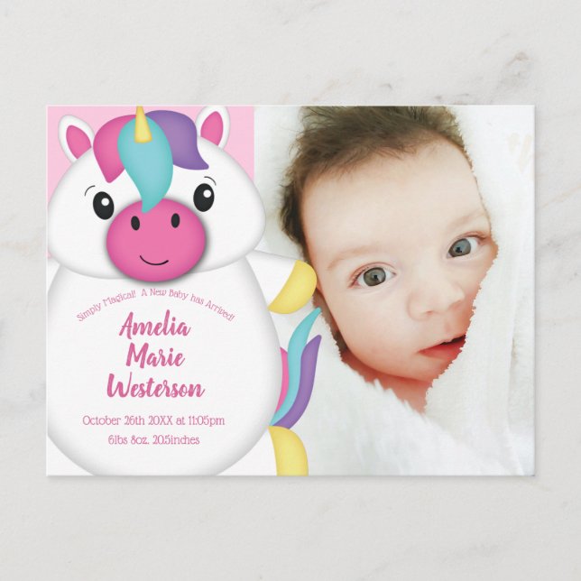 Postal Foto de anuncio de nacimiento de bebé de Unicorn (Anverso)