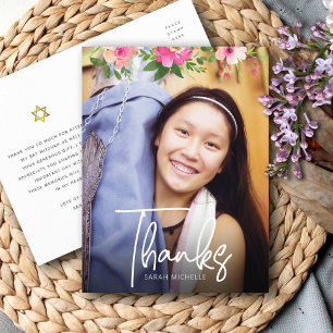 Postal Foto de Bat Mitzvah Floral Script Agradecimiento P