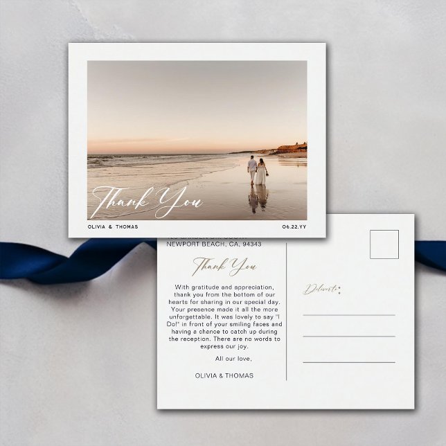 Postal Foto De Boda Azul De La Marina Náutica (nautical navy beach wedding photo thank you postcard modern romantic elegant bohemian summer winter)