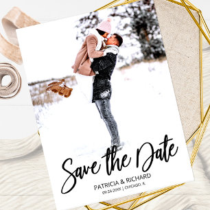 Postal Foto de boda con guión moderno para guardar la fec