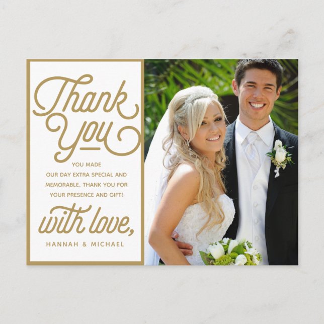 Postal Foto de boda de agradecimiento Reto Gold moderna (Anverso)