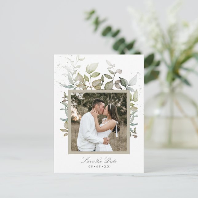 Postal Foto de boda de follaje acuático guardar la fecha (Anverso de pie)