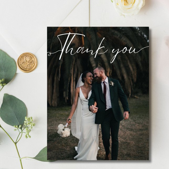 Postal Foto de Boda de guiones Gracias Postcard (Script Wedding Photo Thank You Postcard)