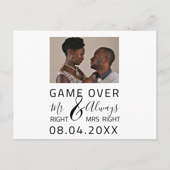 Postal Foto de boda divertida 'Game Over' para salvar la  (Anverso)
